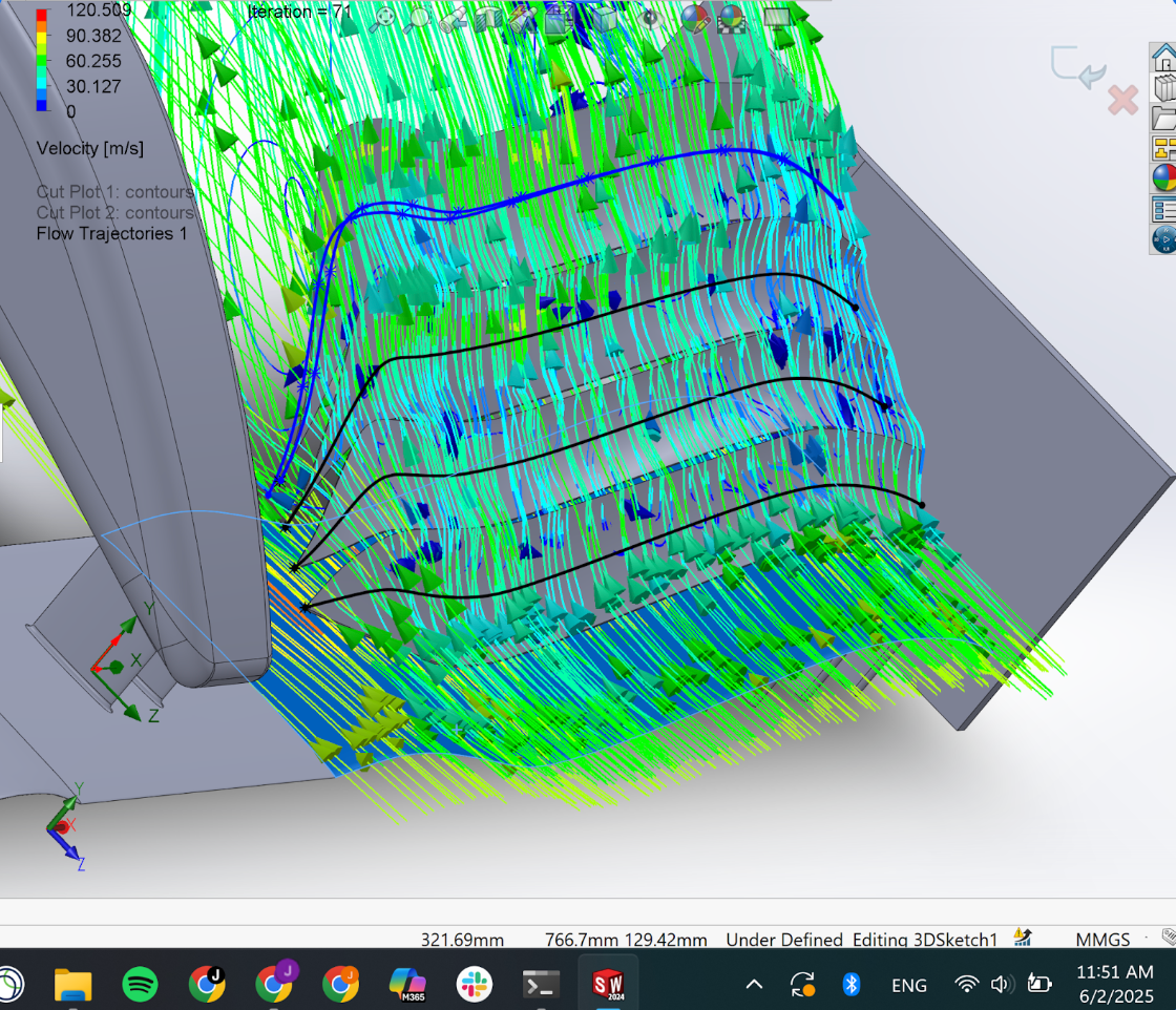 Close view of flow trajectories around the nose cone wings