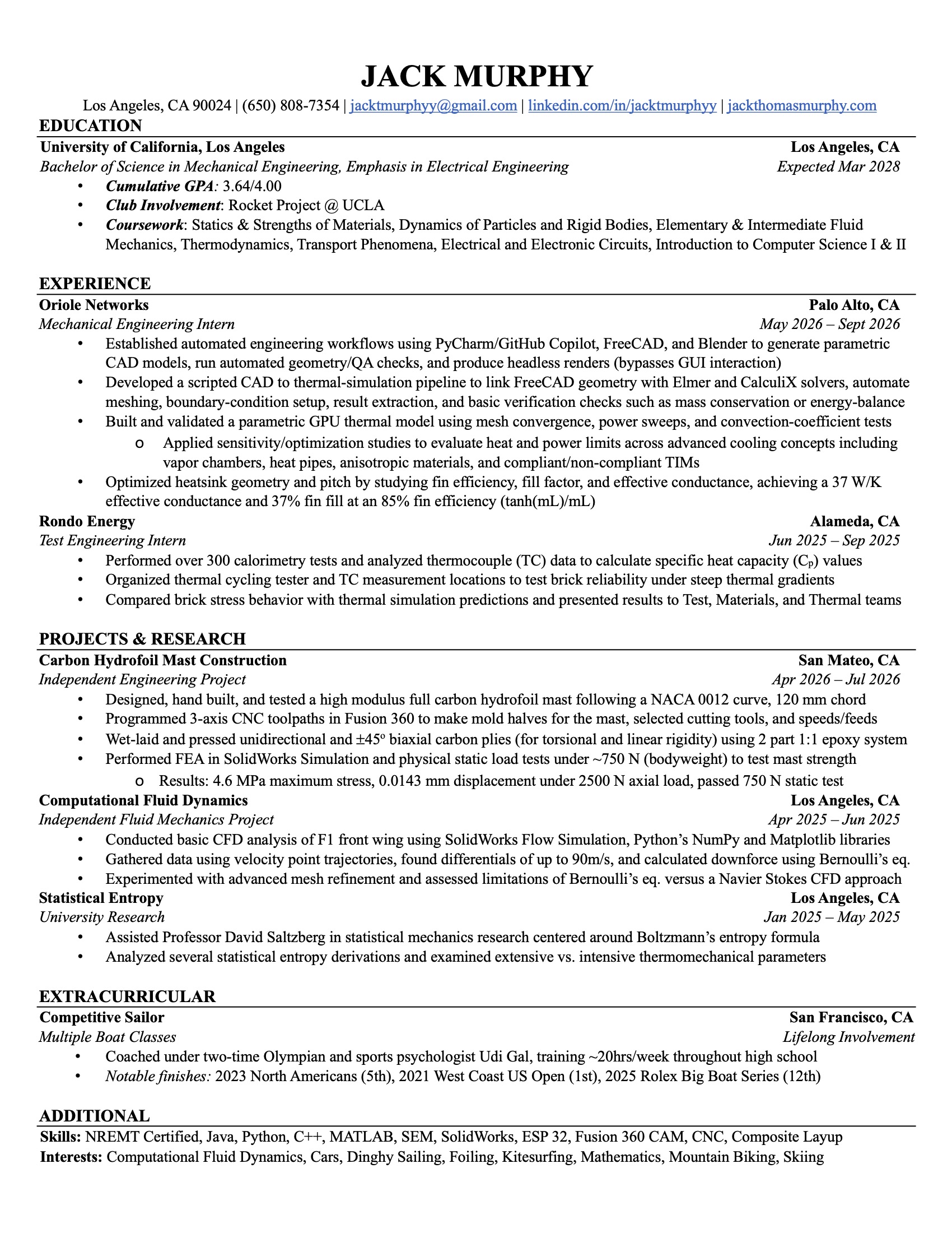 Jack Murphy mechanical engineering resume